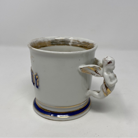 Antique Gilt Embossed "Present" Shaving Mug Occupational Angel Cherub Handle VTG - Picture 3 of 12